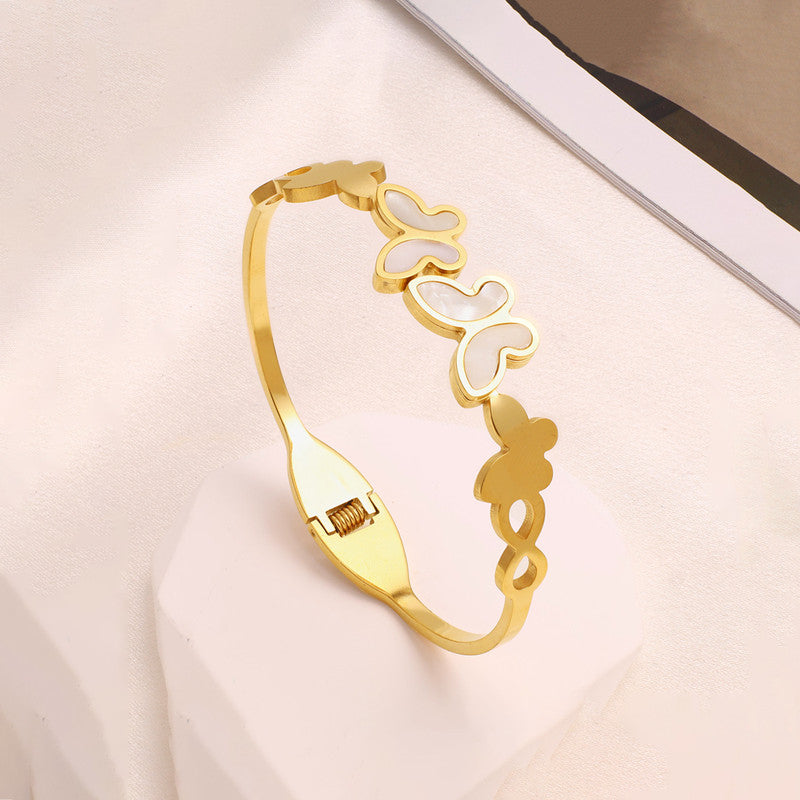 Gold-Plated Butterfly Open Cuff Bracelet with White Inlay