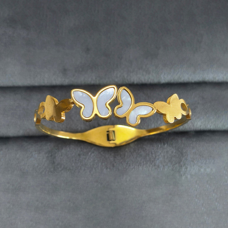 Gold-Plated Butterfly Open Cuff Bracelet with White Inlay