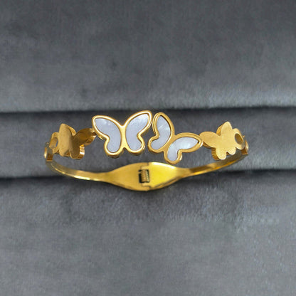Gold-Plated Butterfly Open Cuff Bracelet with White Inlay