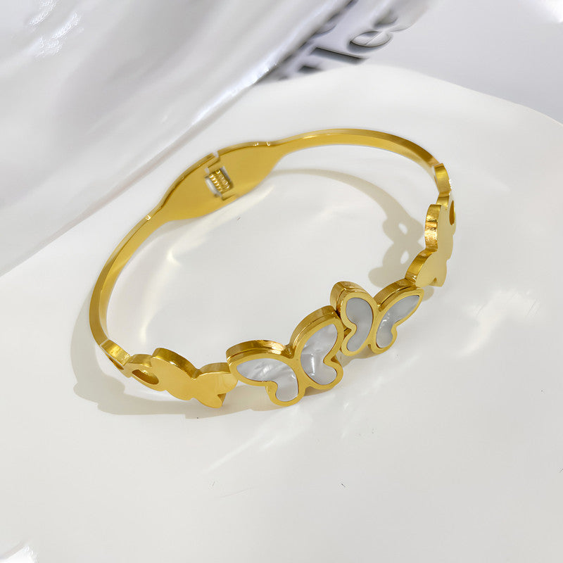 Gold-Plated Butterfly Open Cuff Bracelet with White Inlay