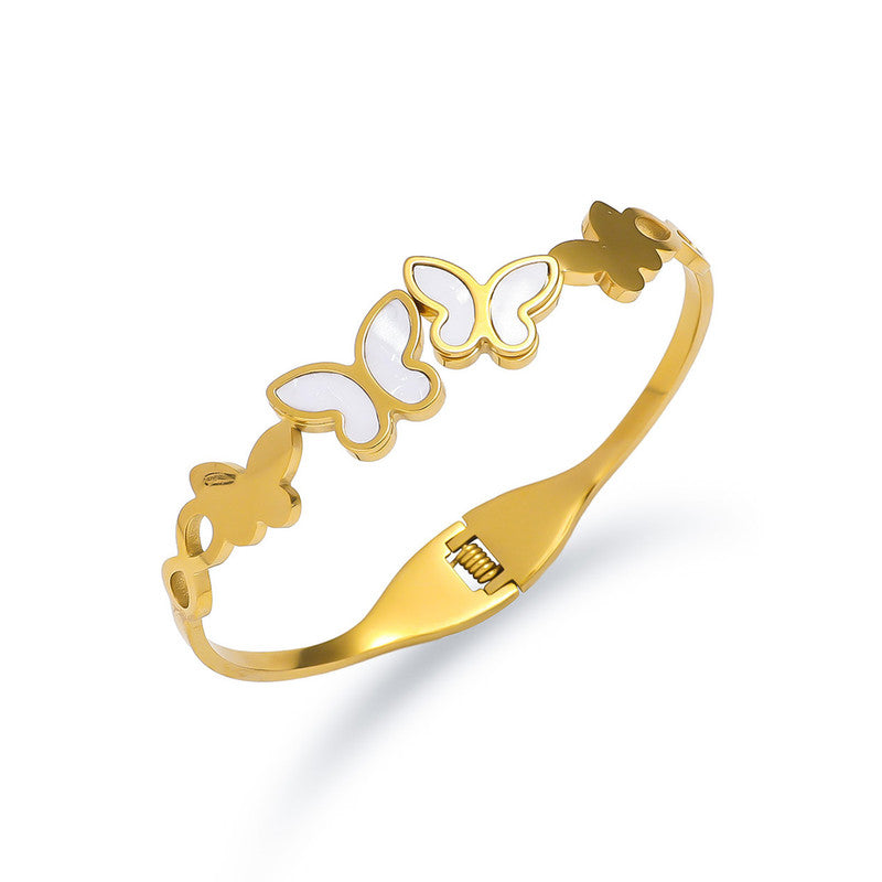 Gold-Plated Butterfly Open Cuff Bracelet with White Inlay