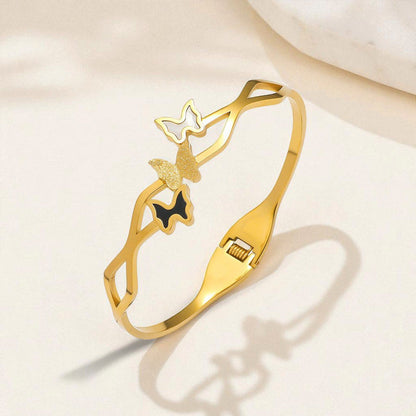 Gold-Plated Butterfly Open Cuff Bracelet with Dual Tone Accents