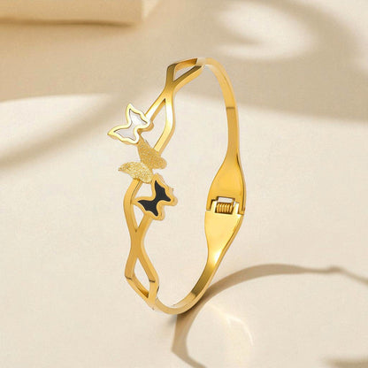 Gold-Plated Butterfly Open Cuff Bracelet with Dual Tone Accents