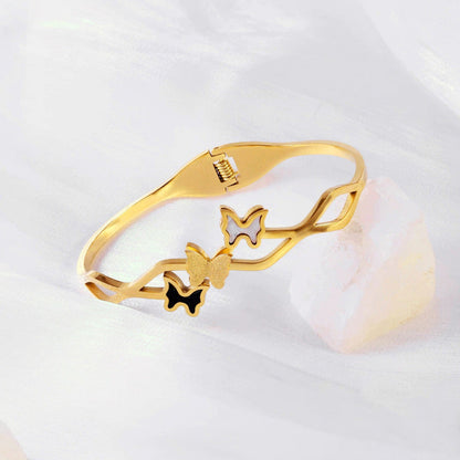 Gold-Plated Butterfly Open Cuff Bracelet with Dual Tone Accents