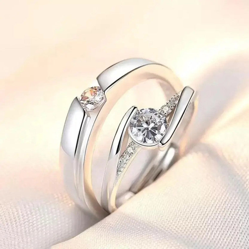 Silver-Plated Crystal Curve American Diamond Adjustable Couple Rings