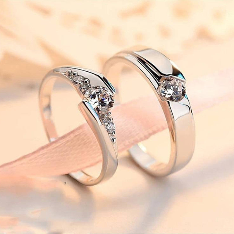 Silver-Plated Crystal Curve American Diamond Adjustable Couple Rings