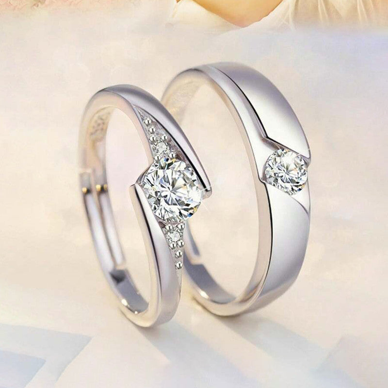 Silver-Plated Crystal Curve American Diamond Adjustable Couple Rings