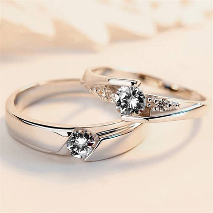 Silver-Plated Crystal Curve American Diamond Adjustable Couple Rings