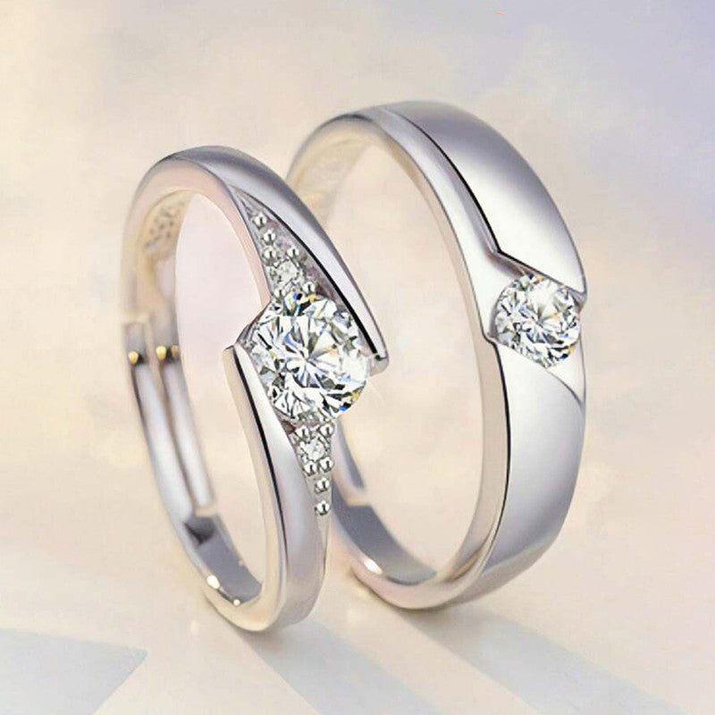 Silver-Plated Crystal Curve American Diamond Adjustable Couple Rings
