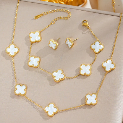 Minimal Gold Clover Jewelry Combo Set | Stainless Steel Anti-Tarnish Necklace, Bracelet & Earrings