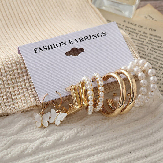 Gold Plated Pearl and Geometric Hoop Earrings Set of 5 for Women